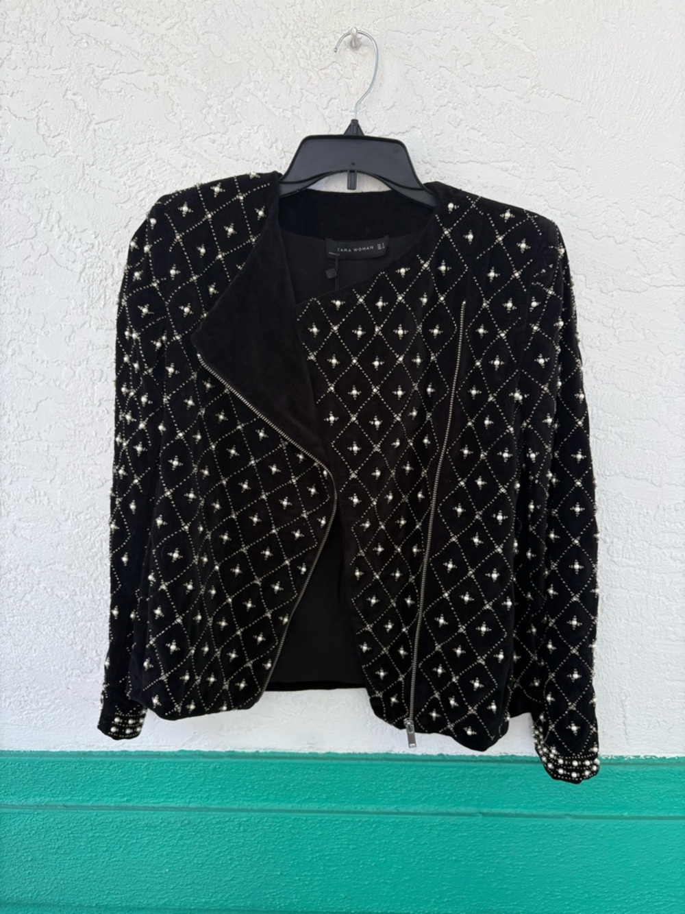 Zara Pearl Rhinestone Black Velvet Encrusted Moto Jacket Small - Picture 4 of 10